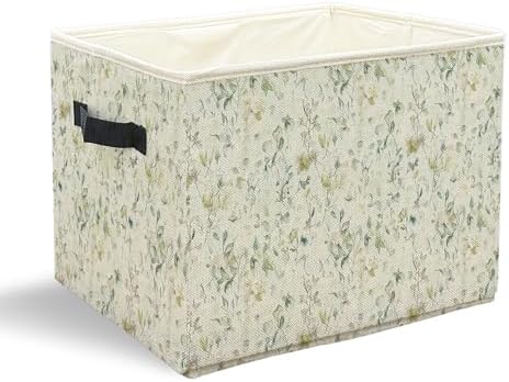 Vintage Green Floral Storage Bins with Handles, Watercolor Nature Flower Botanical Collapsible Laundry Basket Storage Box for Home Bedroom Bathroom Clothes Toys Books