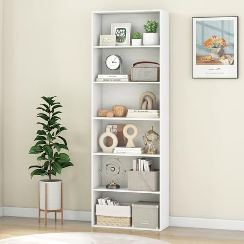 Giantex 6-Tier Bookcase, 70" Tall Wooden Bookshelf, Freestanding Storage Organizer w/Open Shelves, Anti-Tipping Kits, Modern Floor Standing Display Shelves for Living Room, Bedroom (1,White)