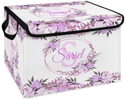 Purple Flower Storage Bin with Lid Personalized Storage Baskets for Organizing Foldable Closet Organizers with Handles,Cute Basket for Boys Girls for Clothes Blanket Pet Dog Toy Basket Storage 1 Pack