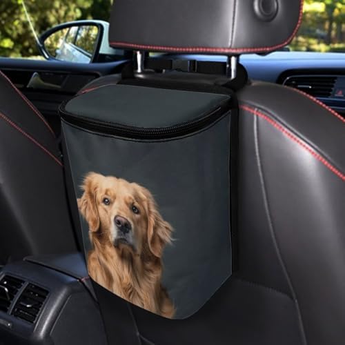 DISNIMO Golden Retriever Car Trash Can with Lid, Leak Proof Trash Bin Garbage Bag Collapsible Automatic Portable Trash Can, Easy to Clean, Used in Car Home Office