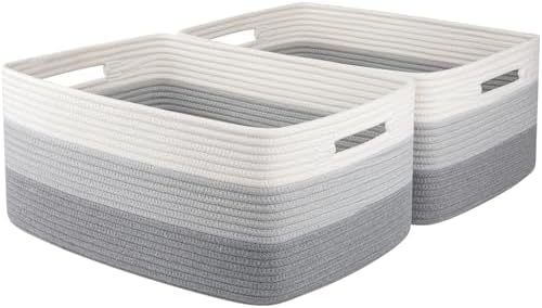 OIASKET Large Storage Basket for Organizing, Woven Rope Basket for Shelves, Closet Organizer Bins for Clothes, Blanket, Toys, Baby Nursery Storage, 17.7" x 13" x 7.87", 2 Packs Gradient Grey