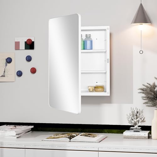 White 16x24 Bath Medicine Cabinet, Mirror Door, Recessed/Surface Wall Mount | White Mirrored Medicine Cabinet with Two Adjustable Plastic Shelves, Reversible Opening And Hardware; Arrives Pre-Assembled