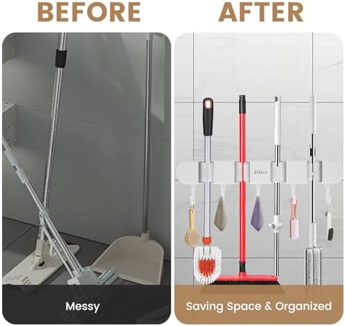 2Pcs Broom Holder Wall Mount, No-Drilling Self-Adhesive Mop and Broom Storage Rack with Hooks (4 Racks with 5 Hooks), Wall-Mounted Broom Hanger for Bathroom, Kitchen, Closet, Garage (White ﻿)