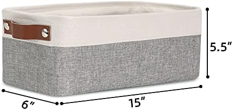 DULLEMELO Fabric Bathroom Storage Bin with Leather Handles, Narrow Organizer for Towels, Toilet Paper Rolls, Storage Basket for Back of Toilet, Vanities, Shelves & Cabinets (White&Gray)