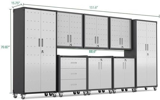 Garage Cabinet System | Heavy Duty Steel All-in-One Modular Garage Cabinet Set for Ultimate Workshop Organization | Easy Assembly Garage Storage Cabinets & Tool Bench