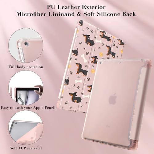 Cute Dachshund Dog Case for 9.7" iPad 5th/6th Generation, Clear TPU Smart Stand Back Cover with Pencil Holder, Auto Wake/Sleep Foldable Protective Case for iPad 2017/2018