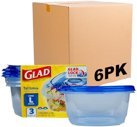 Glad GladWare Tall Entree Containers, Large Square, 42 Oz, 3 Count, 6-Pack | Lock-tight seal for meal prep and lunches in a tall square format; microwave and dishwasher safe