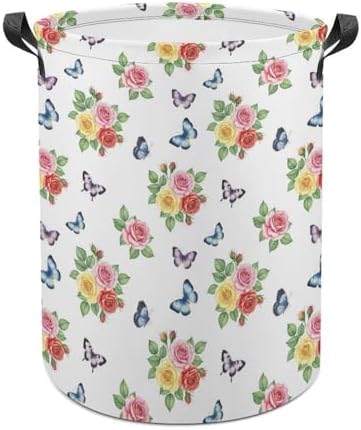 Large Laundry Basket with Handles Flower Shabby Chic Roses Buds Leaves Tulips Floral Butterfly, Collapsible Waterproof Hamper for Clothes, Toys, and Towel Organization at Home