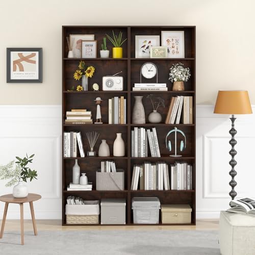 Giantex 6-Tier Bookcases Set of 2, 70" Tall Wooden Bookshelf, Freestanding Storage Organizer w/Open Shelves, Anti-Tipping Kits, Modern Floor Standing Display Shelves for Living Room, Rustic Brown