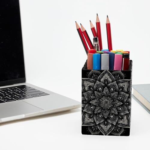 Mandala Pen Holder for Desk Decor, Rectangular PVC Leather Pencil Cup for Desk Pen Organizer, Makeup Brush Holder for School, Home, Office