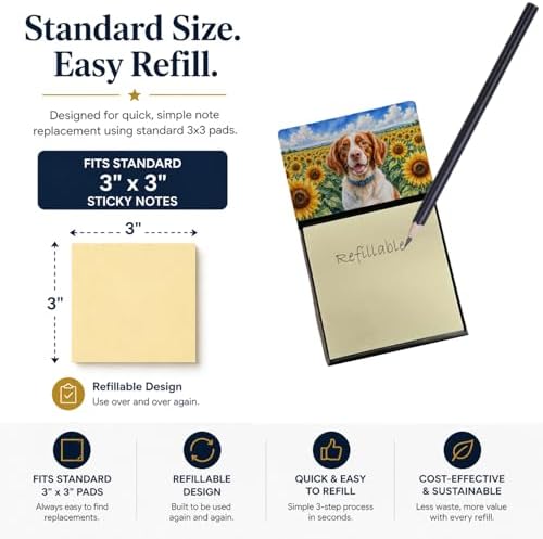 Caroline's Treasures Brittany Spaniel in Sunflowers Watercolor Sticky Note Holder Refillable Dispenser Desk Accessory 3x3 Pad Gift