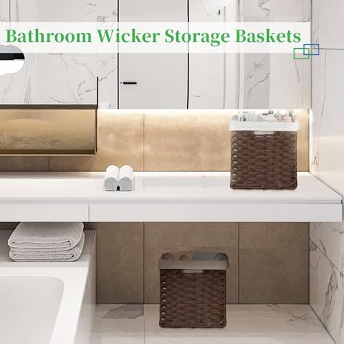 Bidtakay Wicker Storage Baskets with Liners 11x11 Storage Cube Bins for Organizing Imitation Rattan Woven Baskets 2-Pack Woven Storage Baskets with Handles for Pantry-Reddish Brown