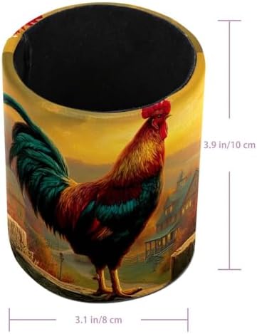 Faux Leather Pen Holder for Desk, Pencil Organizer Rooster Pen Cup Desk Decor Makeup Brush Holder Storage for Office Home