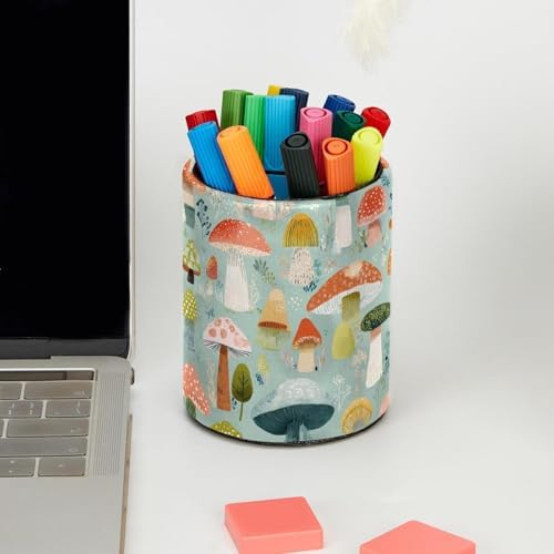Faux Leather Pen Holder for Desk, Pencil Organizer Mushroom Pen Cup Desk Decor Makeup Brush Holder Storage for Office Home