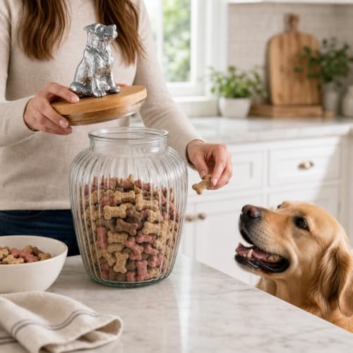 Arthur Court Dog Treat Jar, Stylish Glass Container with Wood Lid and Airtight Seal, Cute Metal Dog Knob, 11 Inch Tall, 72 Ounces
