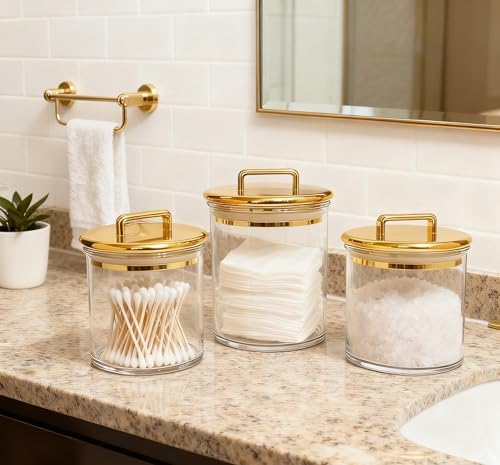 Acrylic Bathroom Storage Jar with Gold Lid – Airtight Clear Canister for Qtip Holder, Cotton Pad Jar, Bath Salt Container, Candy & Snack Canister, Vanity & Countertop Organizer 4.8"