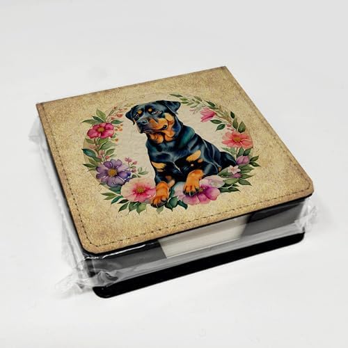 Caroline's Treasures Rottweiler and Flowers PU Leather Note Paper Holder with Artist-Designed Cover, Desk Accessory, Office Gift