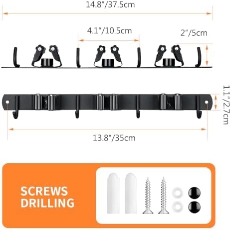 JAMEND CLXP Broom Hanger and Mop Holder, Heavy Duty Garden Tool Organizer Rack Rake and Shovel Handle, Stainless Steel Wall Mounted Utility Rack with Screws (3 Racks with 4 Hooks, Matte Black).