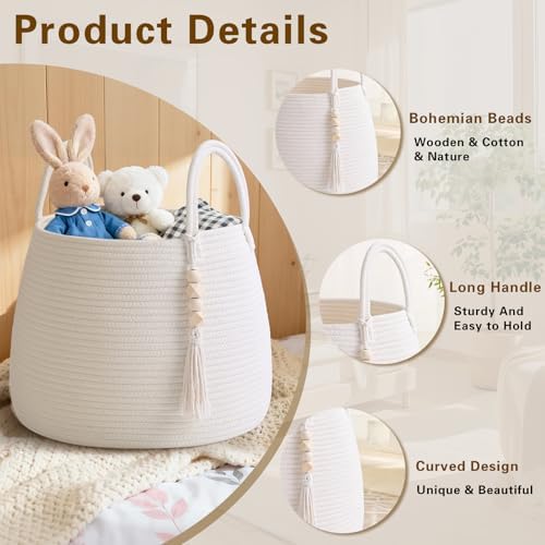 Large Nursery Hamper, 30L Blanket Basket with Handle, Baby Laundry Basket for Gift, Toy, Clothes, Woven Storage Basket with Wooden Bead Decor, Baby Hamper for Nursery (Black&Brown)