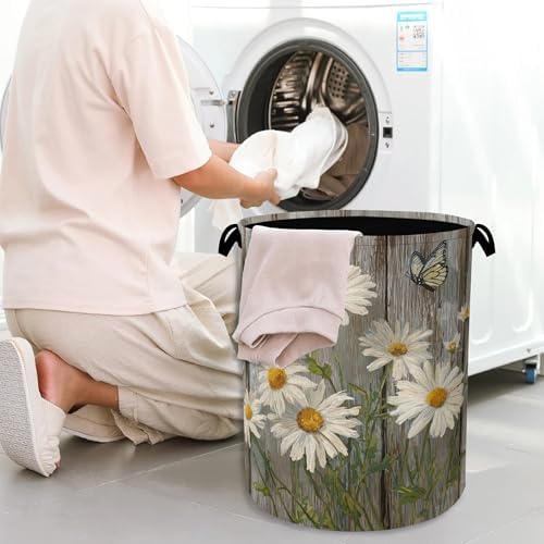 Vintage Daisy Laundry Basket,Wooden Butterfly Oxford Cloth Laundry Hamper with Handle Foldable Portable Clothes Storage Basket for Bathroom Bedroom Dorm Room 16" x 20.8"