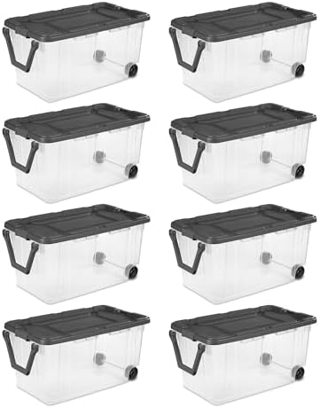 Sterilite 8-Pack Modular Stacker Box, Durable Clear Plastic Storage Bins with Latching Lids, 40 Quart - Stackable Organizing Container Boxes for Closet, Bathroom, and Office