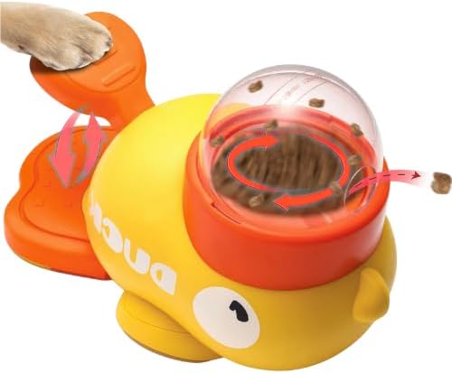Interactive Dog Treat Dispenser Toy – Duck-Shaped Puzzle Feeder with Portion Control, Clear Dome & Airtight Lid for Small Medium Large Dogs – Slow Feeder Kibble Launcher – Yellow/Orange