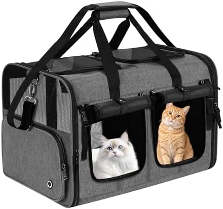 Cat Carrier for 2 Cats, Foldable Double Cat and Dog Carrier, Small to Medium Size, 2 Front Zippered Compartments,Two Pets Carrier for Travel,Mulitple Cat Carrier (Dark Gray with Flat Pocket)
