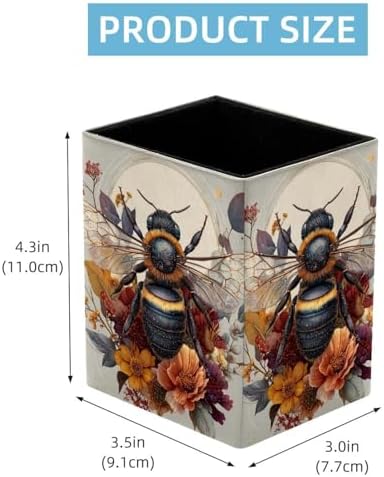 Cute Bee Pen Holder for Desk Decor, Rectangular PVC Leather Pencil Cup for Desk Pen Organizer, Makeup Brush Holder for School, Home, Office