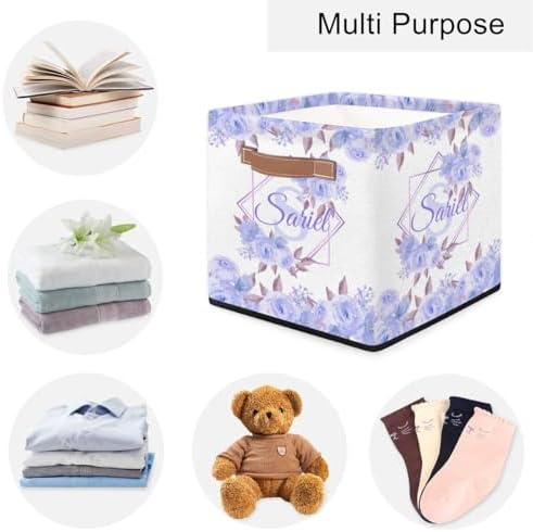 Personalized Storage-Baskets for Organizing,Foldable Storage-Bins with Handles Custom Cute Basket for Boys,Girls,Pet,Clothes,Blanket,Bedroom Nursery Toy Storage Gift,13 x13 x13 In, Floral Purple