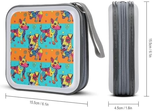 DVD Storage Binder for 40 Discs Colorful Dog, Hard Shell Protective Wallet with Handle, Portable CD Organizer for Car Travel