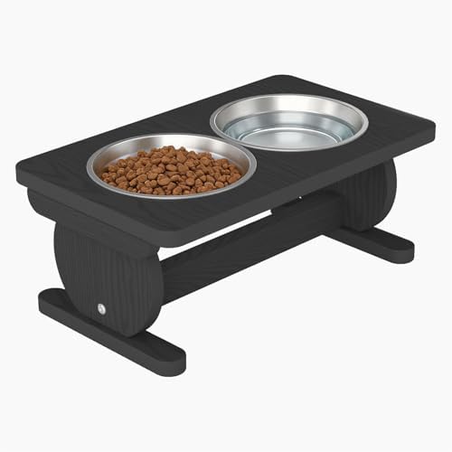 Raised Dog Bowl Stand for Small Sized Breed, Feeding Station with 21 oz 2 Stainless Steel Bowls & Licking Plate,Dog Food Bowl Black