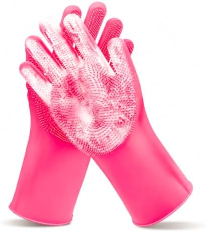 Pet Grooming Gloves—Dog Washing Gloves with High-Density Teeth, Dog Bath Scrubber with Enhanced Five Finger Design, Silicone Gloves for Dogs and Cats Bathing, Massage (Hot Pink)