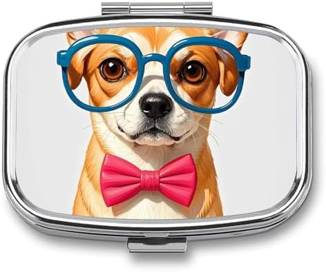 Pet Dog Soft Bow Tie, Oversized Glasses Pill Case Portable Pill Organizer with 2 Compartment Moisture Proof Metal Travel Pill Box Medication, Fish Oil and Supplements