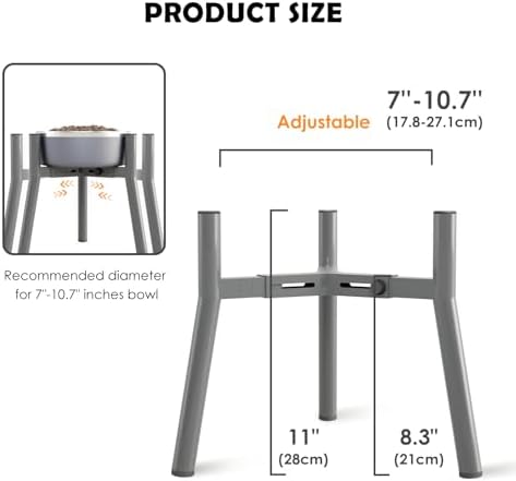 SHAINFUN Grey Metal Stand for Large Dogs, Adjustable Width Tall Elevated Bowls for 7-10.6" Dishes, Food Water Feeder, Raised Holder, 11" Tall (Bowl Not Included)