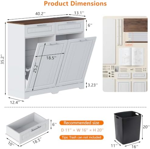Double 10 Gallon Tilt Out Trash Can Cabinet with Deodorizing Function and Power Outlet, Wooden Hidden Garbage Can Holder with 2 Storage Drawers for Kitchen, Laundry Hamper Cabinet for Bathroom, White