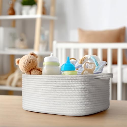 Cute White Woven Basket, Empty Gift Basket for Christmas, Thanksgiving, Easter, Birthday, Cotton Rope Storage Bin with Handle for Gifts, Toy, Blanket, Cat Dog Toy Box, Baby Nursery Organizer