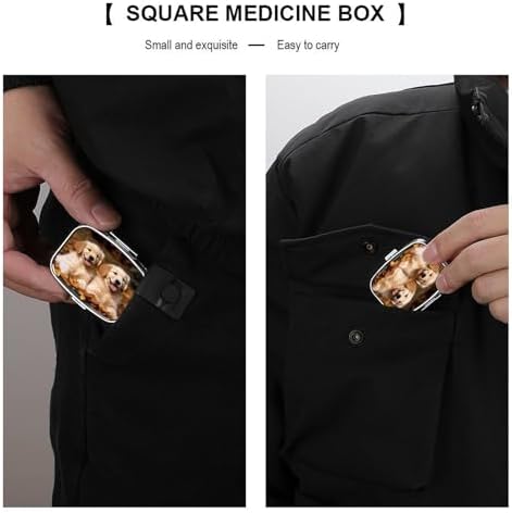 Golden Retriever Dogs Puppies Pets Pill Cases Portable Small Metal Medicine Box 2 Compartments Square Travel Medicine Case Daily Vitamin Organizer Box for Fish Oils Vitamins Supplements