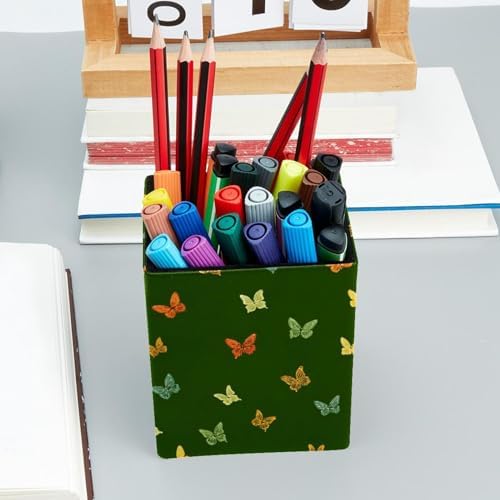 Butterfly Pen Holder for Desk Decor, Rectangular PVC Leather Pencil Cup for Desk Pen Organizer, Makeup Brush Holder for School, Home, Office