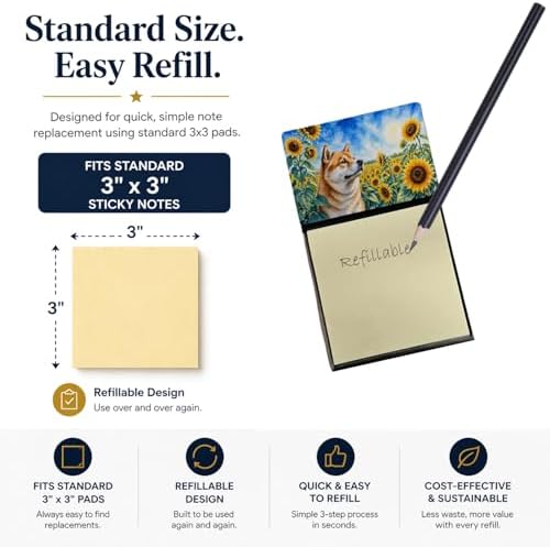 Caroline's Treasures Akita in Sunflowers Watercolor Sticky Note Holder Refillable Dispenser Desk Accessory 3x3 Pad Gift