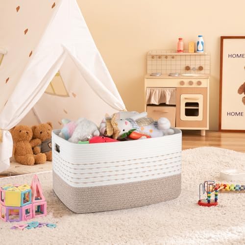 OIAHOM 75L Extra Large Blanket Basket, 22”x17”x15” Rectangle Woven Cotton Rope Baskets for Living Room, Toy Storage with Handle- Gradient Light Brown