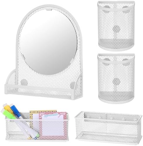 Weysat Set of 5 Magnetic Locker Accessories Mirror with 2 Magnetic Pen Holder and 2 Wire Mesh Storage Basket for Students Back to School Locker Organizer for School Office(White)