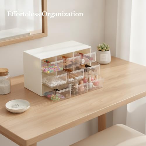 Desktop & Drawer Organizer for Small Items, 9-Compartment Clear PET Storage Caddy with Sliding Drawers (White)