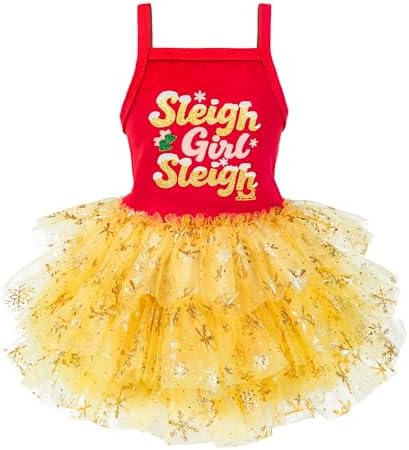 Fitwarm Sleigh Girl Sleigh Dog Tutu Dress, Fancy Christmas Clothes for Small Dogs Girl, Funny Holiday Pet Outfit, Red, Golden Yellow, Medium
