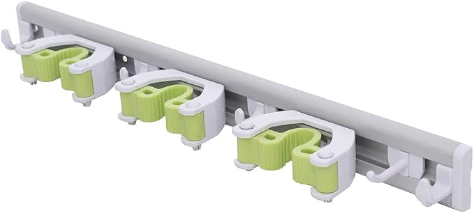 Pine-Sol Mop and Broom Holder - Hanging Wall Mount Storage Rack with 3 Slots and 6 Hooks - Adjustable Cleaning Tool Organizer for Garage, Kitchen, and Utility Closet