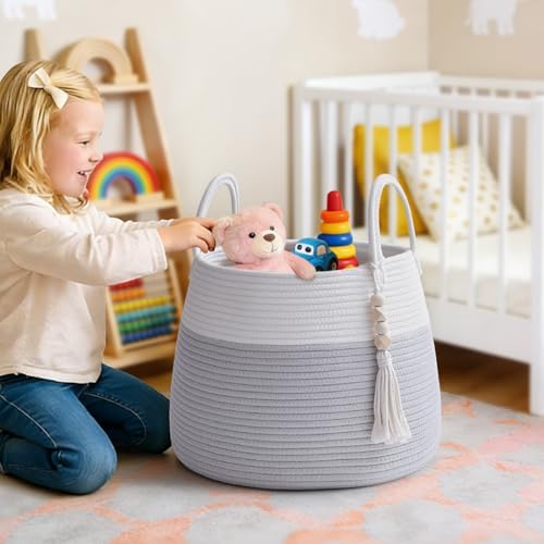 Large Nursery Hamper, 30L Blanket Basket with Handle, Baby Laundry Basket for Gift, Toy, Clothes, Woven Storage Basket with Wooden Bead Decor, Baby Hamper for Nursery (Black&Brown)