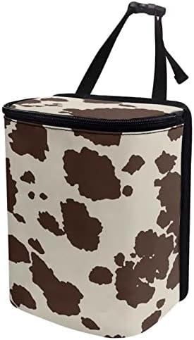 Brown Cow Car Trash Can with Lid Collapsible Reusable Waterproof Car Garage Bag, Cow Print Automotive Garbage Can, Car Accessories Interior Car Organizer with Adjustable Straps