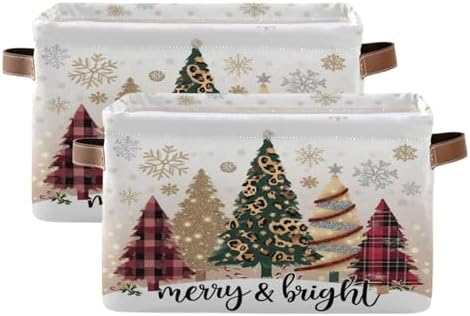 Christmas Tree Golden Leopard Storage Basket with Waterproof Liner and PU Handles Winter Cheetah Snowflake Storage Boxes 14.2" Collapsible Decorative Organizer Baskets for Bedroom Closet Office 2 Pack