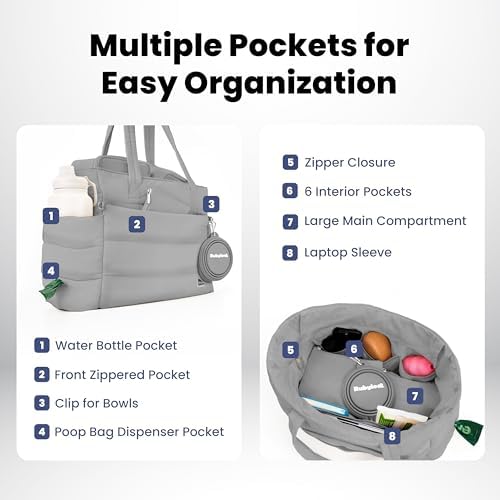 Rubyloo Dog Mom Bundle - Puffer Tote with Storage Containers (Grey) and Travel Dog Bed Large (42”x30”) (Pink Horizon) - Travel Bag and Portable Outdoor Bed Set