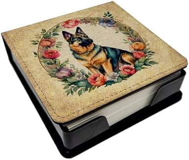 Caroline's Treasures German Shepherd and Flowers PU Leather Note Paper Holder with Artist-Designed Cover, Desk Accessory, Office Gift