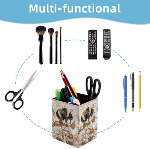 Bee and Mushroom Pen Holder for Desk Decor, Rectangular PVC Leather Pencil Cup for Desk Pen Organizer, Makeup Brush Holder for School, Home, Office